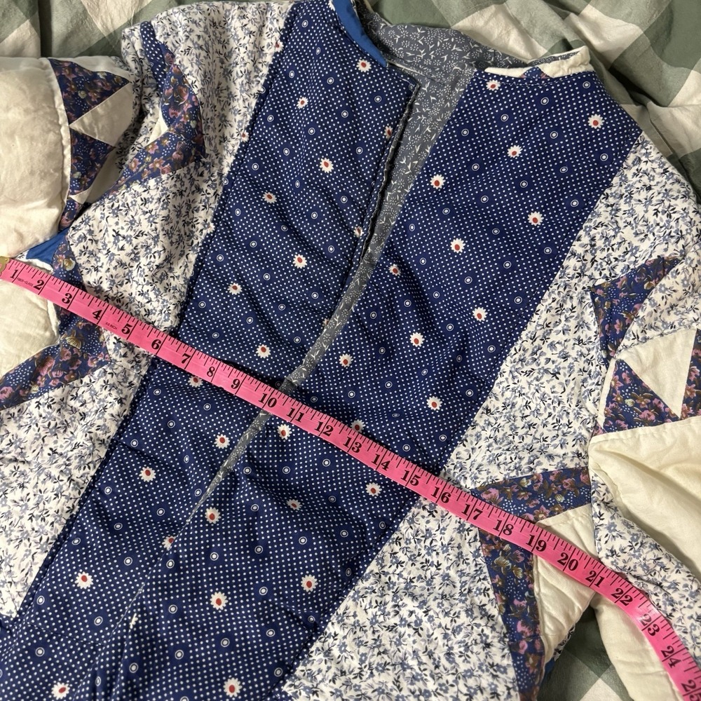 Handmade Quilt Coat Upcycled Patchwork Open Front Blue Shacket Jacket Floral - Picture 5 of 7
